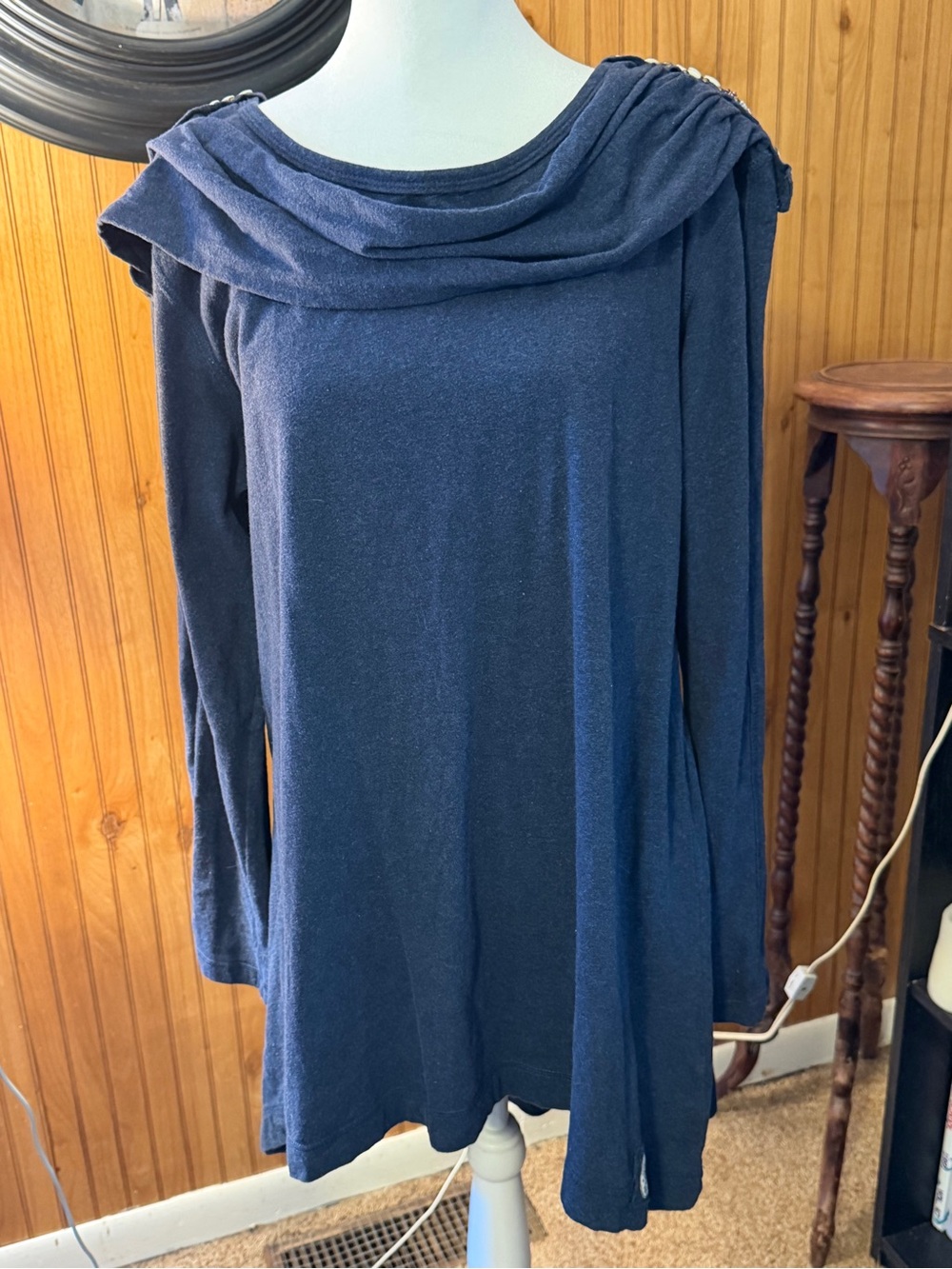 Double D Ranch Navy Off-Shoulder Draped Knit Sweater